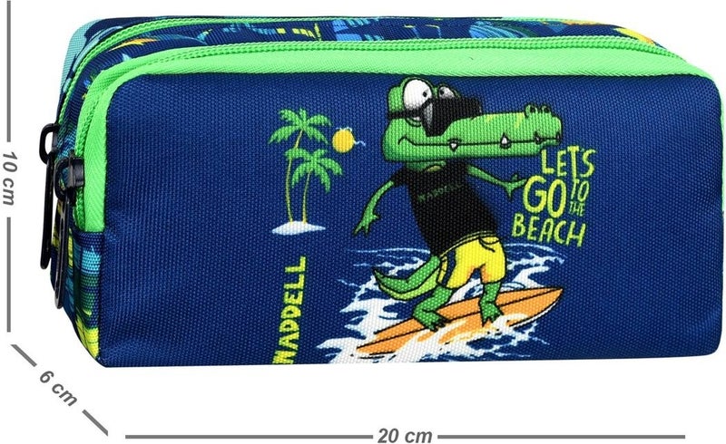 Waddell Licensed Green-Navy Crocodile Patterned 2 Pocket Pencil Case - Image 2