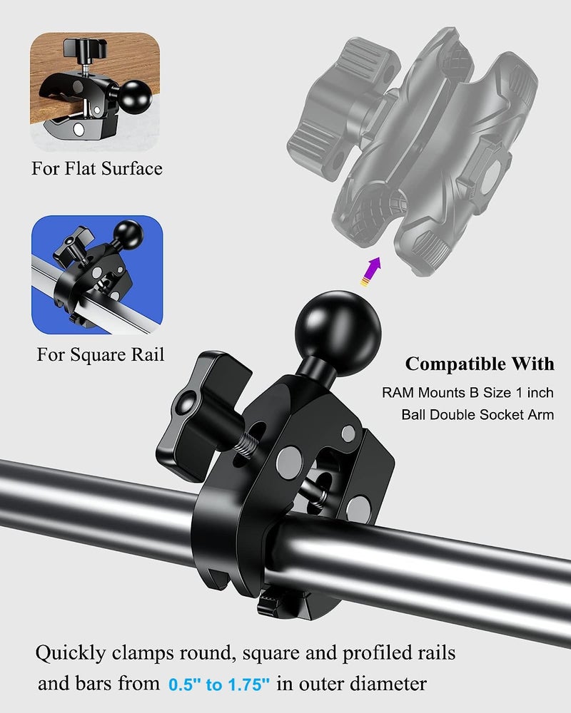 BRCOVAN 1'' Ball Clamp Mount Base with Aluminum Alloy Tough-Claw, Fit Handlebar Rail 0.5'' to 1.75'' in Diameter, Fit for RAM Mounts B Size 1 Inch Ball Double Socket Arm & Bike Motorcycle Phone Holder - Image 4