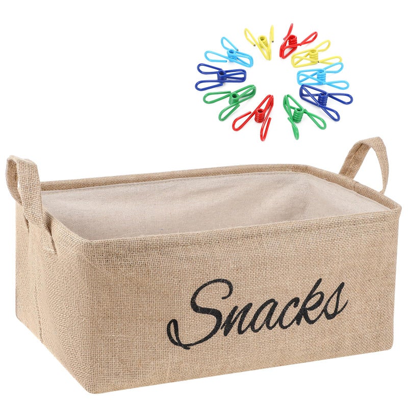 Newtay 17 Pcs Snack Basket Sets Snack Storage Bin for Pantry Shelves with 16 Pcs 2 Inch Chip Clips Basket Organizer for Kitchen Home Chips Popcorn Candy PretzelsBurlapKhaki