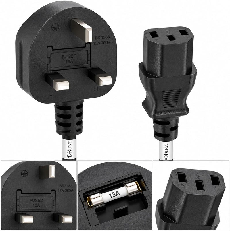 DKURVE ® Kettle Lead 250V 13A Desktop Power Cable UK Mains Lead for PC Computer TV Monitor Printer etc, 3 Pin UK Plug to IEC 320 C13 AC Power Cord (3M) - Image 3
