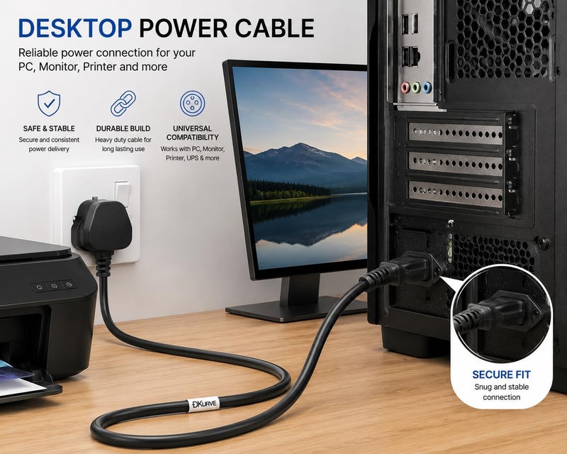 DKURVE ® Kettle Lead 250V 13A Desktop Power Cable UK Mains Lead for PC Computer TV Monitor Printer etc, 3 Pin UK Plug to IEC 320 C13 AC Power Cord (3M) - Image 4