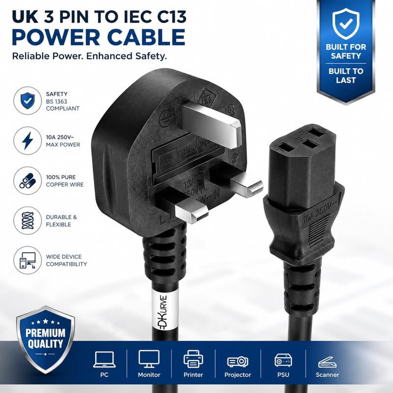 DKURVE ® Kettle Lead 250V 13A Desktop Power Cable UK Mains Lead for PC Computer TV Monitor Printer etc, 3 Pin UK Plug to IEC 320 C13 AC Power Cord (3M) - Image 2