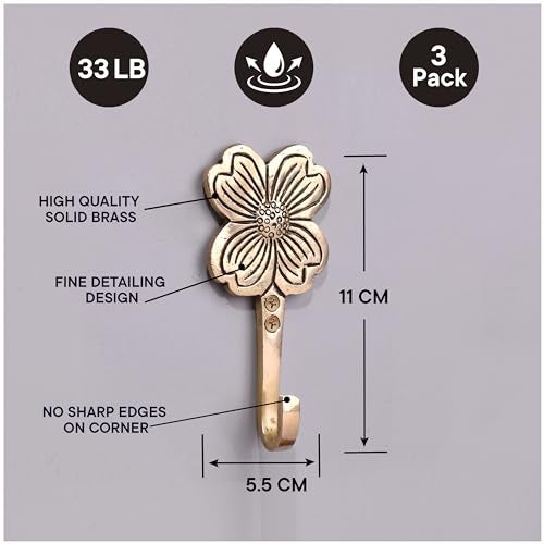 Indian-Shelf Golden Flower Hook St. Patrick's Day Boho Brass Clover Wall Hooks Coat Hooks Cloth Hanger Key Holder Wall Mounted Coat Rack Towel Hooks for Hanging - 3 Piece - Image 2