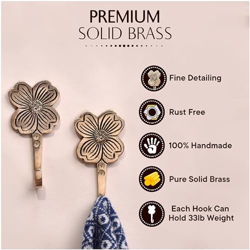 Indian-Shelf Golden Flower Hook St. Patrick's Day Boho Brass Clover Wall Hooks Coat Hooks Cloth Hanger Key Holder Wall Mounted Coat Rack Towel Hooks for Hanging - 3 Piece - Image 3