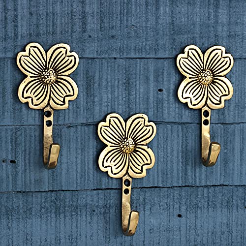 Indian-Shelf Golden Flower Hook St. Patrick's Day Boho Brass Clover Wall Hooks Coat Hooks Cloth Hanger Key Holder Wall Mounted Coat Rack Towel Hooks for Hanging - 3 Piece - Image 1