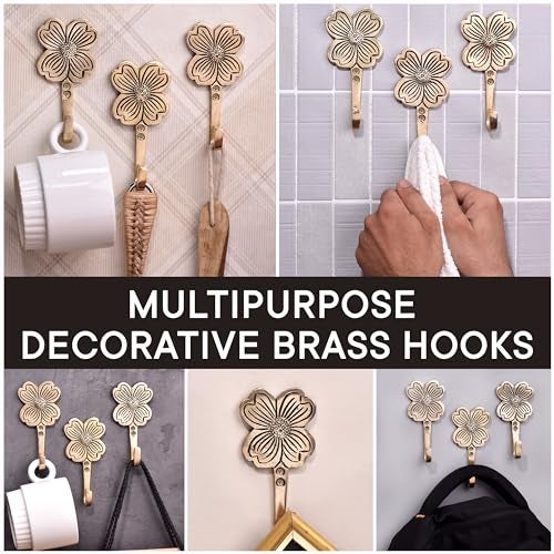 Indian-Shelf Golden Flower Hook St. Patrick's Day Boho Brass Clover Wall Hooks Coat Hooks Cloth Hanger Key Holder Wall Mounted Coat Rack Towel Hooks for Hanging - 3 Piece - Image 4