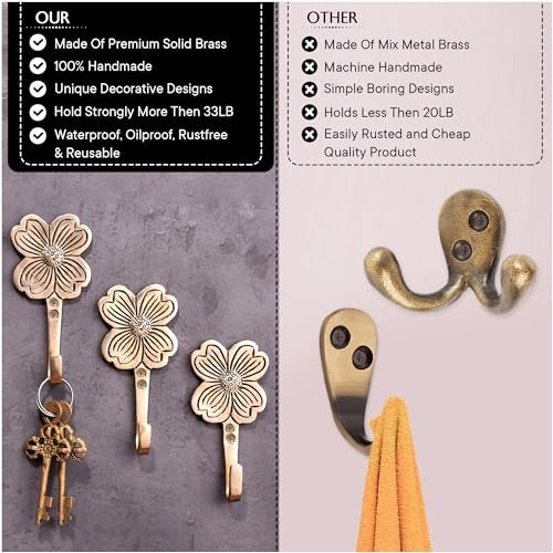 Indian-Shelf Golden Flower Hook St. Patrick's Day Boho Brass Clover Wall Hooks Coat Hooks Cloth Hanger Key Holder Wall Mounted Coat Rack Towel Hooks for Hanging - 3 Piece - Image 5