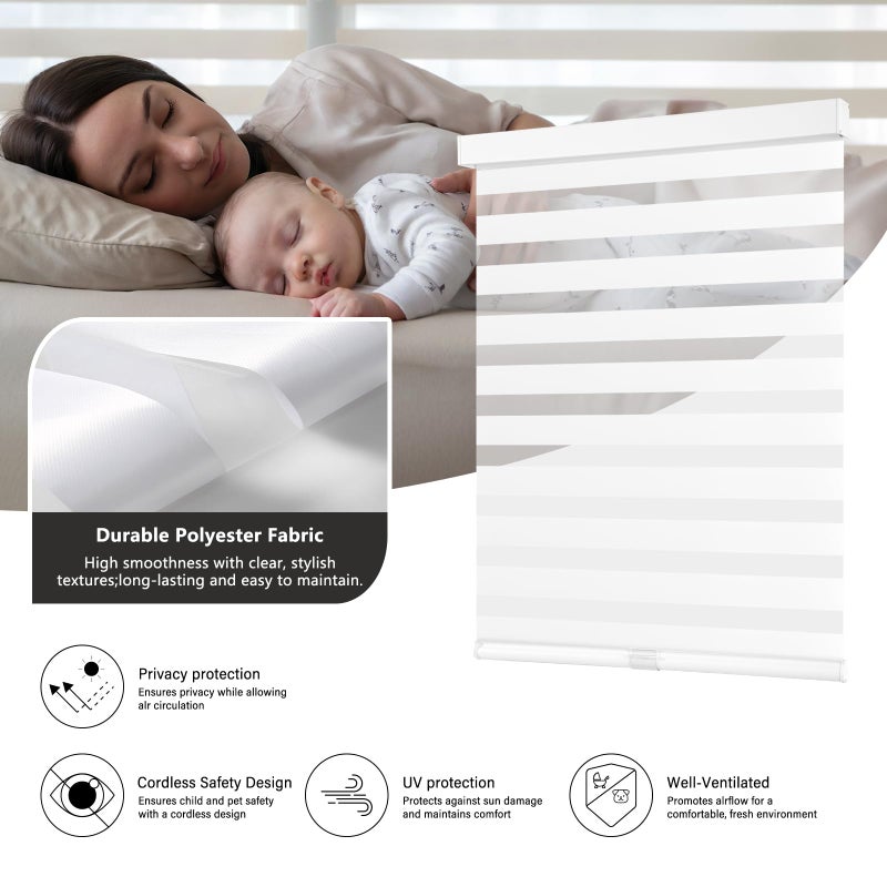 AOSKY Cordless Zebra Blinds for Windows Pull Down Roller Window Shades Dual Layer Light Filtering Privacy for Day and Night, Free-Stop Door Shades for Home Easy to Install (35" W X 72" H, White) - Image 3