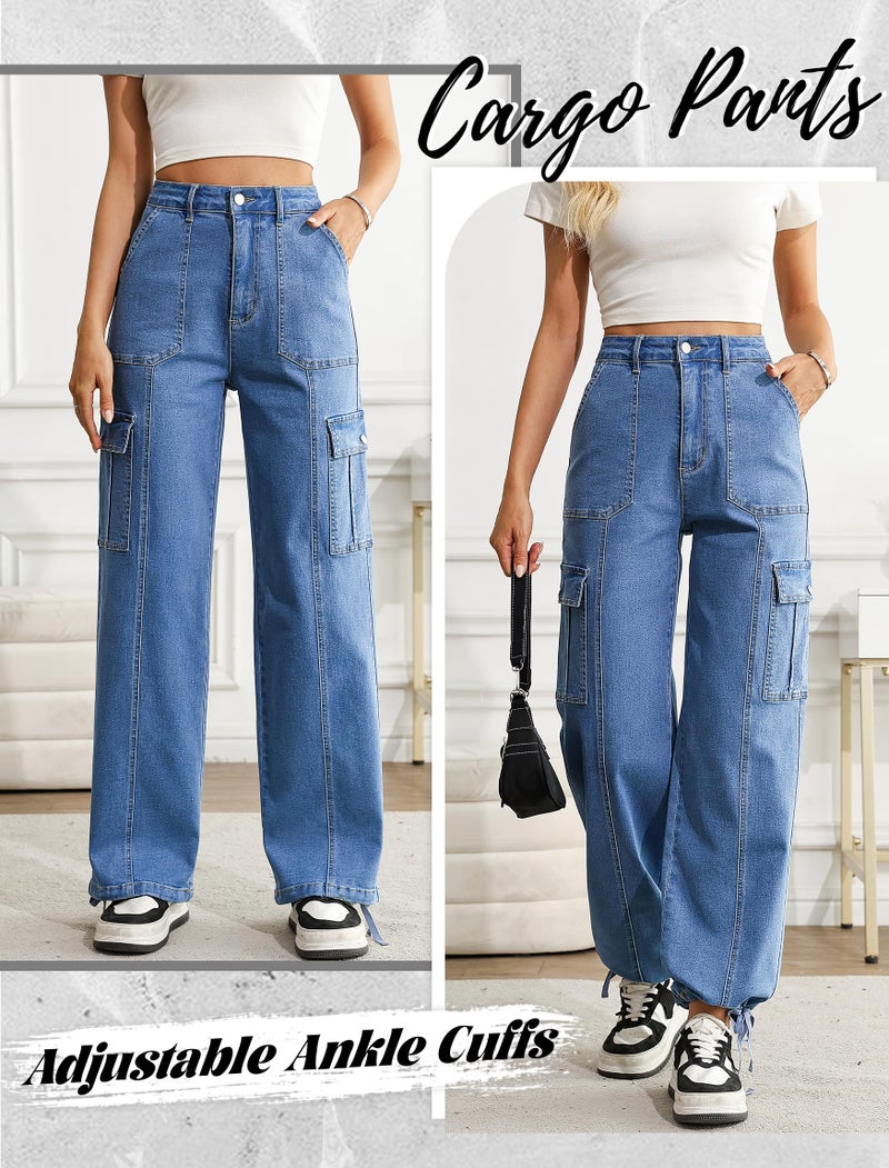 Eddoyee Cargo Jeans Women Drawstring Ankle Cuffs Stretch High Waisted 6 Pockets Straight Wide Leg Casual Denim Baggy Pants(Blue Jeans, Large) - Image 4