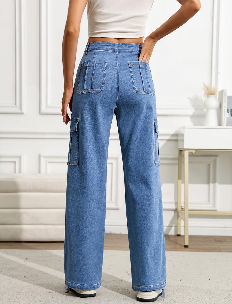 Eddoyee Cargo Jeans Women Drawstring Ankle Cuffs Stretch High Waisted 6 Pockets Straight Wide Leg Casual Denim Baggy Pants(Blue Jeans, Large) - Image 2