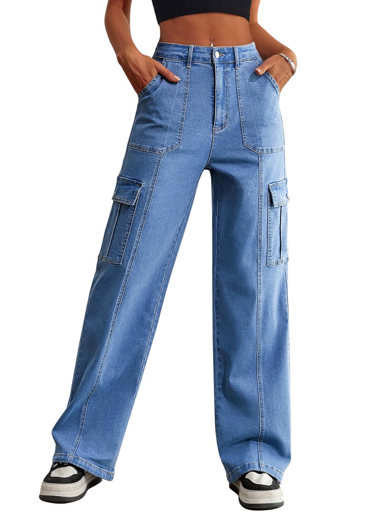 Eddoyee Cargo Jeans Women Drawstring Ankle Cuffs Stretch High Waisted 6 Pockets Straight Wide Leg Casual Denim Baggy Pants(Blue Jeans, Large) - Image 1