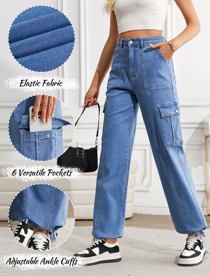 Eddoyee Cargo Jeans Women Drawstring Ankle Cuffs Stretch High Waisted 6 Pockets Straight Wide Leg Casual Denim Baggy Pants(Blue Jeans, Large) - Image 5