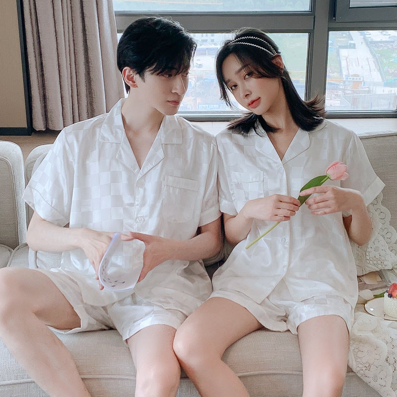 Spring and Summer Square Couple Pajamas Women's Ice Silk Short-sleeved Shorts Summer Silk Men's suit Spring and Autumn Home Clothes - Image 2