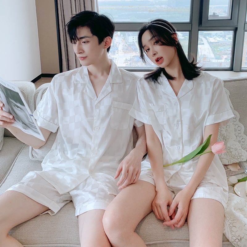 Spring and Summer Square Couple Pajamas Women's Ice Silk Short-sleeved Shorts Summer Silk Men's suit Spring and Autumn Home Clothes - Image 3