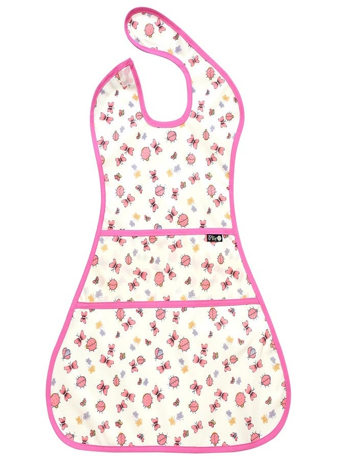 Plie Full Coverage Waterproof Feeding Bib for Toddlers - Extra Long Apron Bib for Mealtime, Self-Feeding, High Chair, Food Catcher, BPA-Free, Easy to Clean - Pink/Butterfly - Image 1