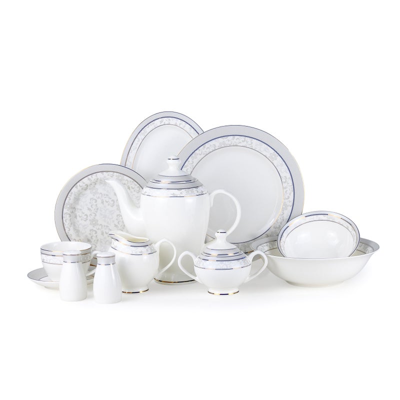 Shallow ZOHA 47Pc Bone China Dinner Set, White, Premium Grey & Blue Rim Dinnerware Set & Plates, Bowls, Cups, Teapot & Serving Pieces for Family Meals, Hosting, Festive Dining & Everyday Use - Image 1