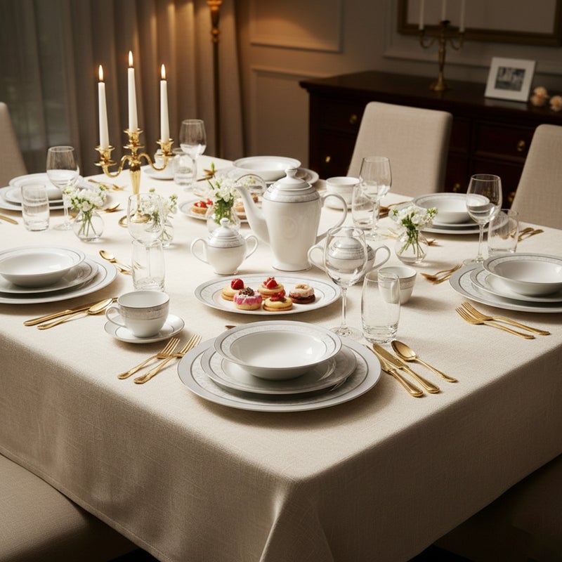 Shallow ZOHA 47Pc Bone China Dinner Set, White, Premium Grey & Blue Rim Dinnerware Set & Plates, Bowls, Cups, Teapot & Serving Pieces for Family Meals, Hosting, Festive Dining & Everyday Use - Image 2