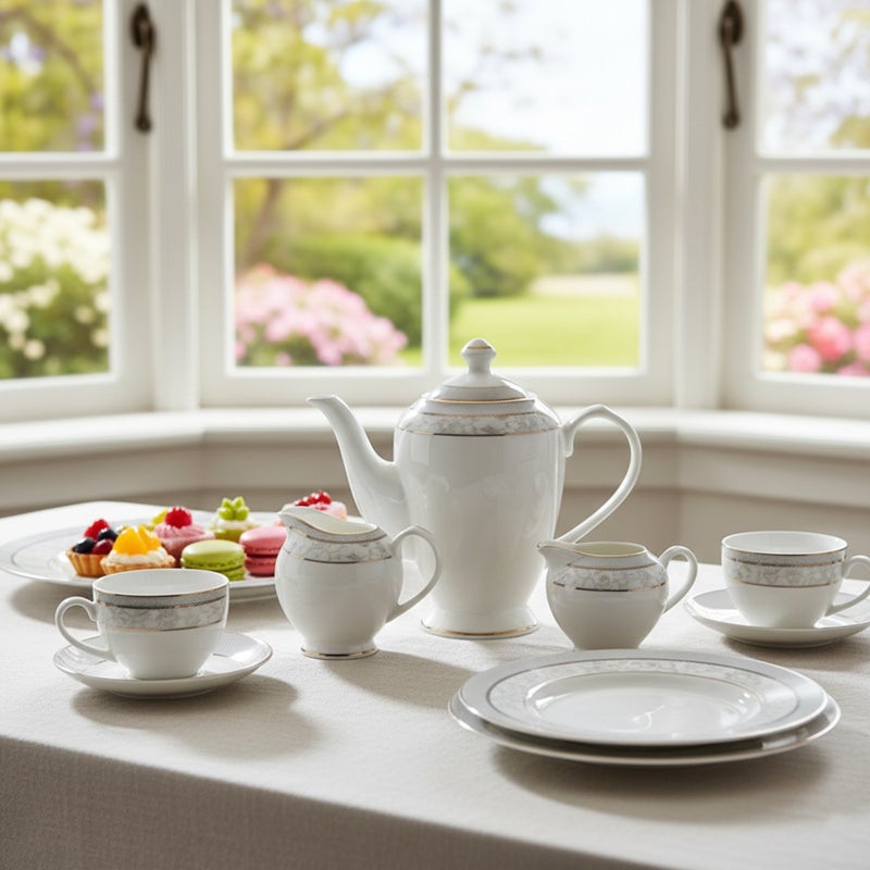 Shallow ZOHA 47Pc Bone China Dinner Set, White, Premium Grey & Blue Rim Dinnerware Set & Plates, Bowls, Cups, Teapot & Serving Pieces for Family Meals, Hosting, Festive Dining & Everyday Use - Image 3