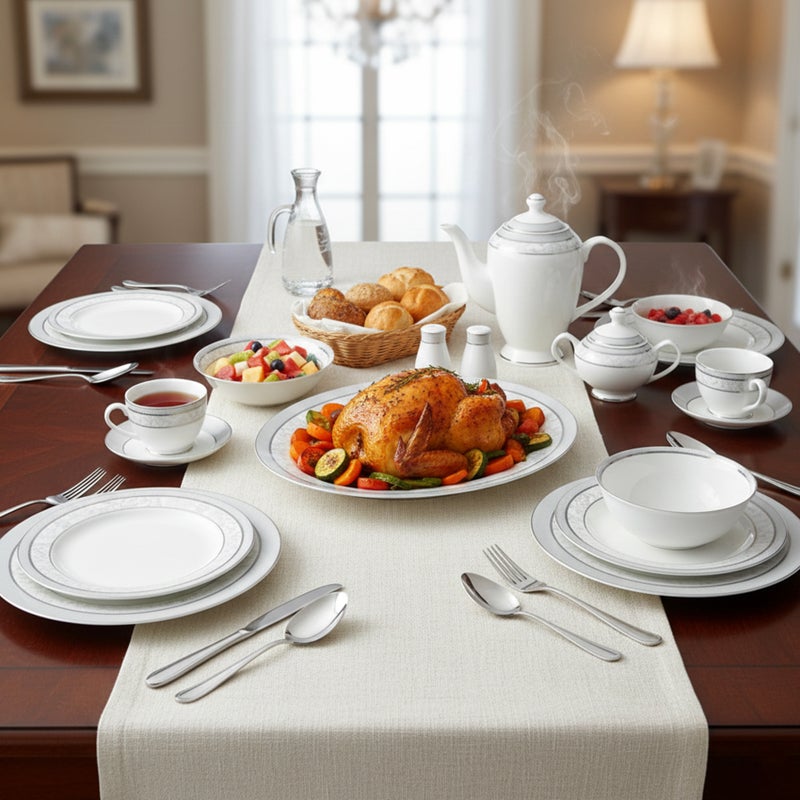 Shallow ZOHA 47Pc Bone China Dinner Set, White, Premium Grey & Blue Rim Dinnerware Set & Plates, Bowls, Cups, Teapot & Serving Pieces for Family Meals, Hosting, Festive Dining & Everyday Use - Image 5