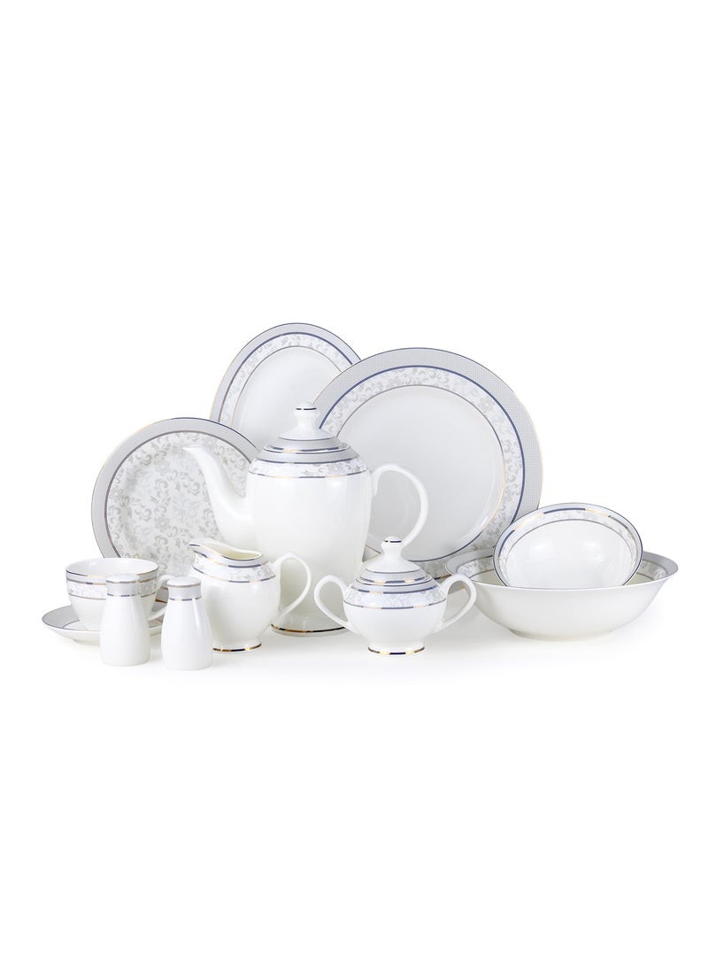 Shallow ZOHA 47Pc Bone China Dinner Set, White, Premium Grey & Blue Rim Dinnerware Set & Plates, Bowls, Cups, Teapot & Serving Pieces for Family Meals, Hosting, Festive Dining & Everyday Use - Image 1