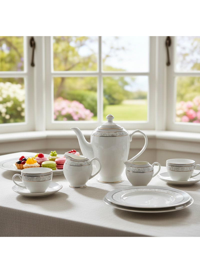 Shallow ZOHA 47Pc Bone China Dinner Set, White, Premium Grey & Blue Rim Dinnerware Set & Plates, Bowls, Cups, Teapot & Serving Pieces for Family Meals, Hosting, Festive Dining & Everyday Use - Image 3