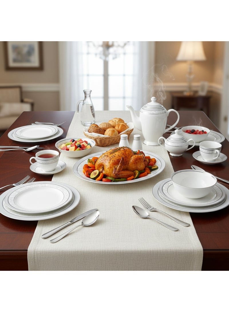 Shallow ZOHA 47Pc Bone China Dinner Set, White, Premium Grey & Blue Rim Dinnerware Set & Plates, Bowls, Cups, Teapot & Serving Pieces for Family Meals, Hosting, Festive Dining & Everyday Use - Image 4