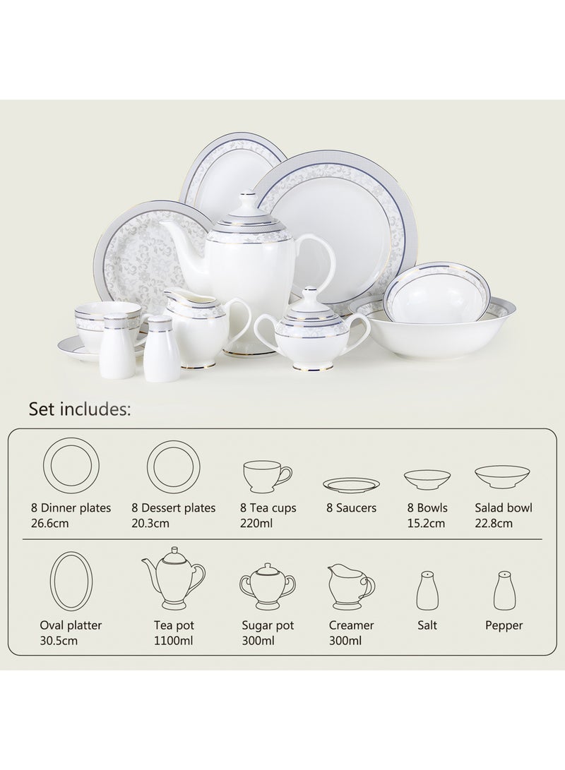 Shallow ZOHA 47Pc Bone China Dinner Set, White, Premium Grey & Blue Rim Dinnerware Set & Plates, Bowls, Cups, Teapot & Serving Pieces for Family Meals, Hosting, Festive Dining & Everyday Use - Image 5