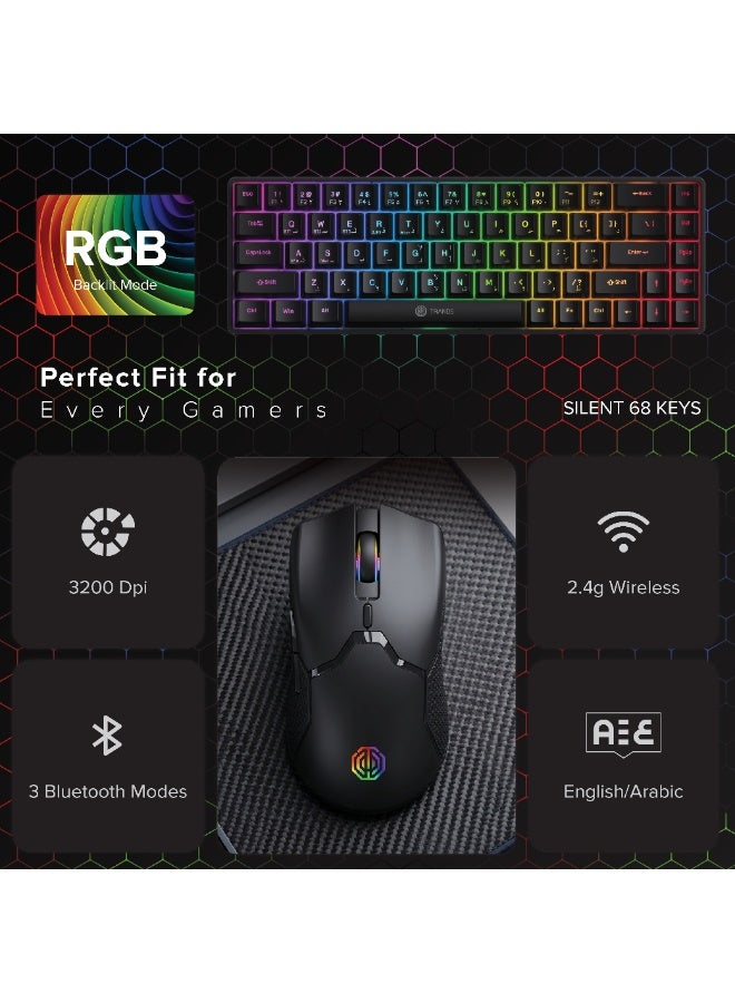 تراندز طقم كيبورد وماوس تراندز (Trands) ميكانيكي قابل لإعادة الشحن - 68 مفتاحاً مع إضاءة RGB، بلوتوث 5.3، شحن Type-C، يدعم أجهزة متعددة - لون أسود - Image 2