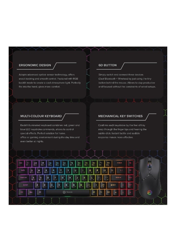 تراندز طقم كيبورد وماوس تراندز (Trands) ميكانيكي قابل لإعادة الشحن - 68 مفتاحاً مع إضاءة RGB، بلوتوث 5.3، شحن Type-C، يدعم أجهزة متعددة - لون أسود - Image 5