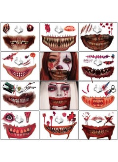 Halloween Temporary Tattoo Stickers 3D Scars Big Mouth Face Tattoo Decals Wound Blood Stitches Tattoos Clown Horror Zombie Halloween Decor Prank Props Masquerades Cosplay Costume Party Makeup