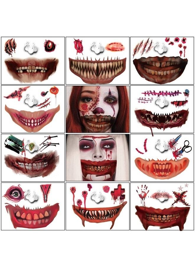 HOSAILY - Halloween Temporary Tattoo Stickers 3D Scars Big Mouth Face Tattoo Decals Wound Blood Stitches Tattoos Clown Horror Zombie Halloween Decor Prank Props Masquerades Cosplay Costume Party Makeup - Image 1