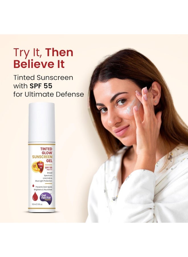 Get Nectar Happiness احصلي على واقي الشمس "Nectar Happiness Tinted Glow" بعامل حماية SPF 55 وPA+++ | حماية واسعة النطاق من الأشعة فوق البنفسجية (UVA وUVB) | تركيبة لا تسبب انسداد المسام | مناسب لجميع أنواع البشرة - 50 مل - Image 2