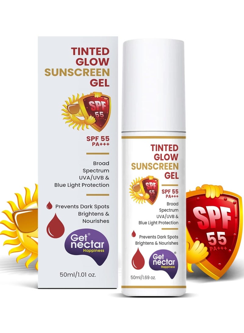 Get Nectar Happiness احصلي على واقي الشمس "Nectar Happiness Tinted Glow" بعامل حماية SPF 55 وPA+++ | حماية واسعة النطاق من الأشعة فوق البنفسجية (UVA وUVB) | تركيبة لا تسبب انسداد المسام | مناسب لجميع أنواع البشرة - 50 مل - Image 1