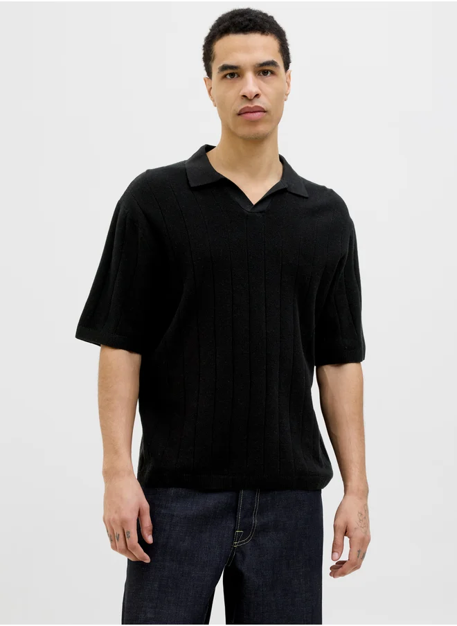 JACK & JONES Striped Textured Short Sleeve Polo Shirt
