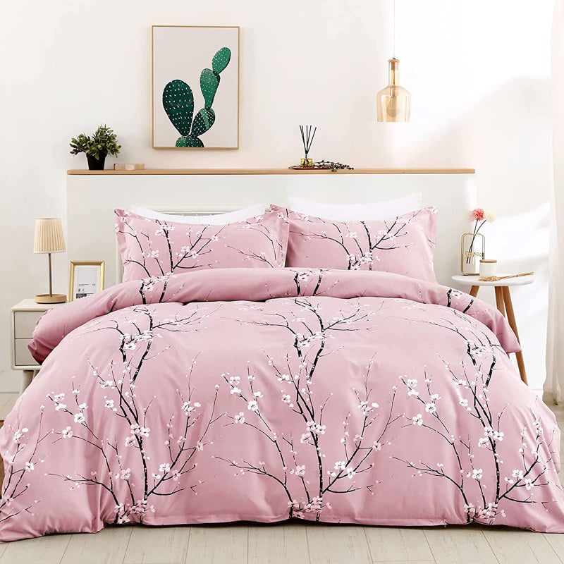 WONGS BEDDING Floral Duvet Cover Set King Pink Flower Plum Pattern Comforter Cover Set with 2 Pillowcases 3 Pieces Botanical Bedding Set with Zipper Closure for Kids 90x103Not Comforter