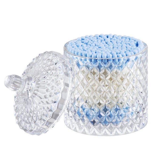 Q TIP AND COTTON BALL HOLDER GLASS APOTHECARY JAR WITH LID SMALL BATHROOM VANITY ORGANIZER AND STORAGE QTIP JAR FOR AESTHETIC ROOM DECOR