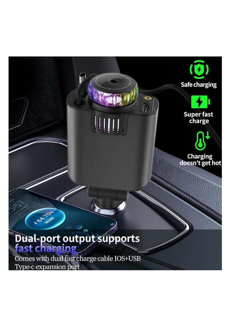 بلو فاير شاحن سيارة 5 في 1 مع معطر هواء وإضاءة نجمية – شحن سريع PD 45W مع كابلات سحب USB-C و iOS مدمجة، مزود بـ 3 زجاجات عطر، إضاءة LED محيطة، شاحن سيارة متعدد الوظائف متوافق مع جميع الهواتف الذكية والأجهزة اللوحية – أسود - Image 2