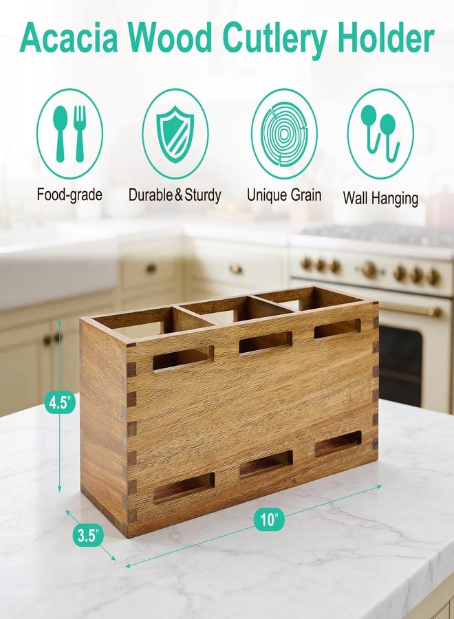 Ayiaren Farmhouse Wooden Silverware Utensil Caddy Cutlery Holder Small Acacia Wood Utensil Holders Organizer for Kitchen Count Party Fork Spoon Storage Organizer Table Silverware Holder Flatware Caddy Basket - Image 4