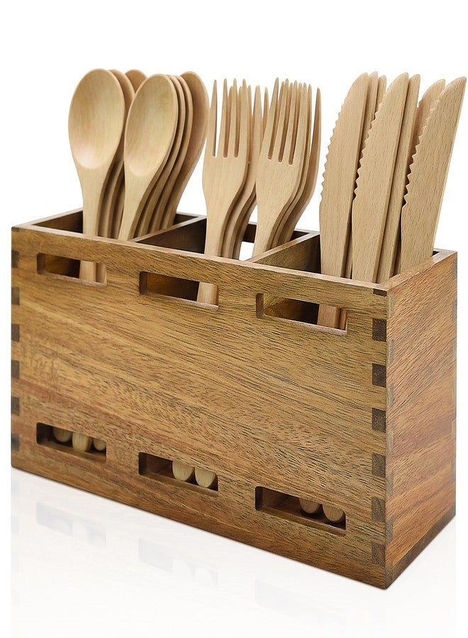 Ayiaren Farmhouse Wooden Silverware Utensil Caddy Cutlery Holder Small Acacia Wood Utensil Holders Organizer for Kitchen Count Party Fork Spoon Storage Organizer Table Silverware Holder Flatware Caddy Basket - Image 1