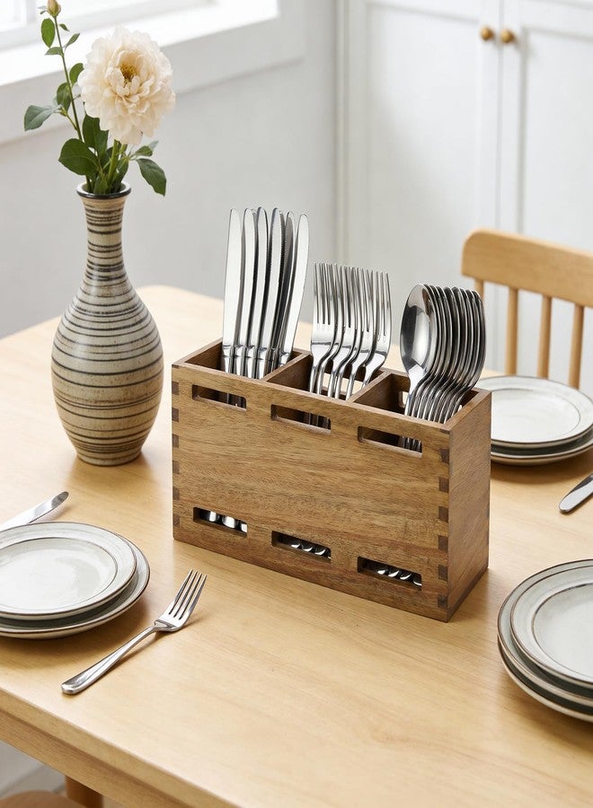 Ayiaren Farmhouse Wooden Silverware Utensil Caddy Cutlery Holder Small Acacia Wood Utensil Holders Organizer for Kitchen Count Party Fork Spoon Storage Organizer Table Silverware Holder Flatware Caddy Basket - Image 3