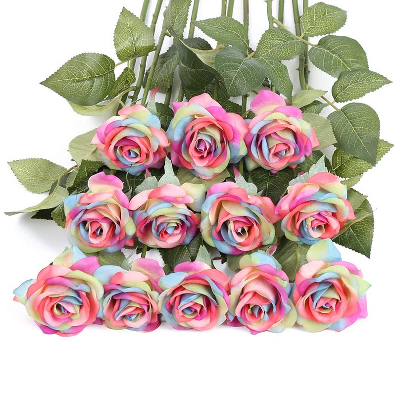 IPOPU Artificial Rainbow Flowers 12PCS Rainbow Roses Bouquet Fake Roses Real Touch Silk Flowers for Floral DIY Home Wedding Decor Party Garden Bridal Bouquets Decorations