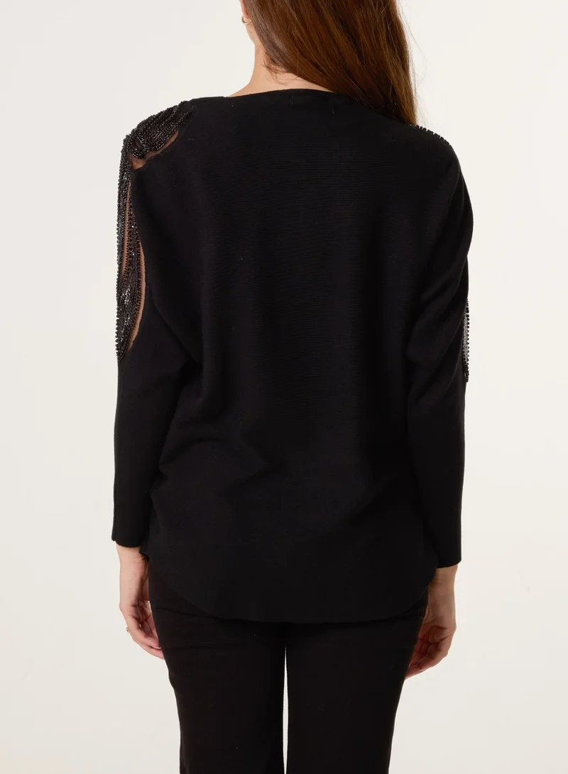 Blue Vanilla Crew Neck Batwing Shoulder Pearl Detailing Jumper