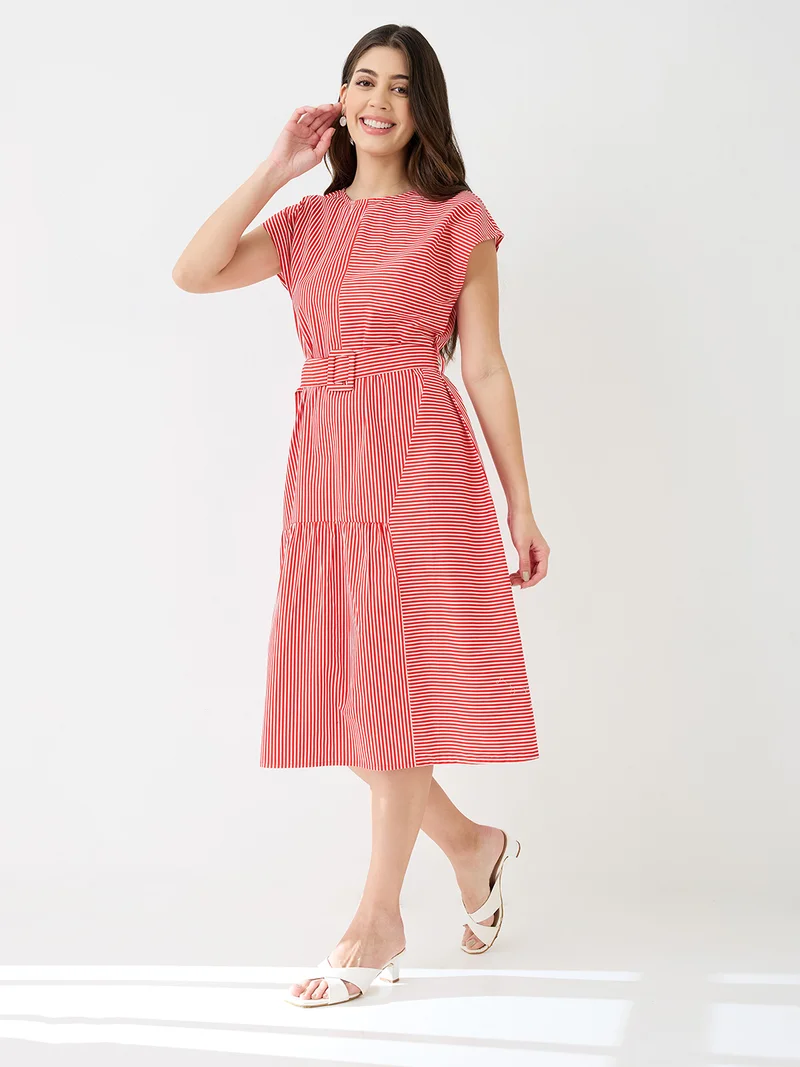 globus Globus Women Red Round Neck Extended Sleeves Striped Gathered A-Line Midi Dress With Belt