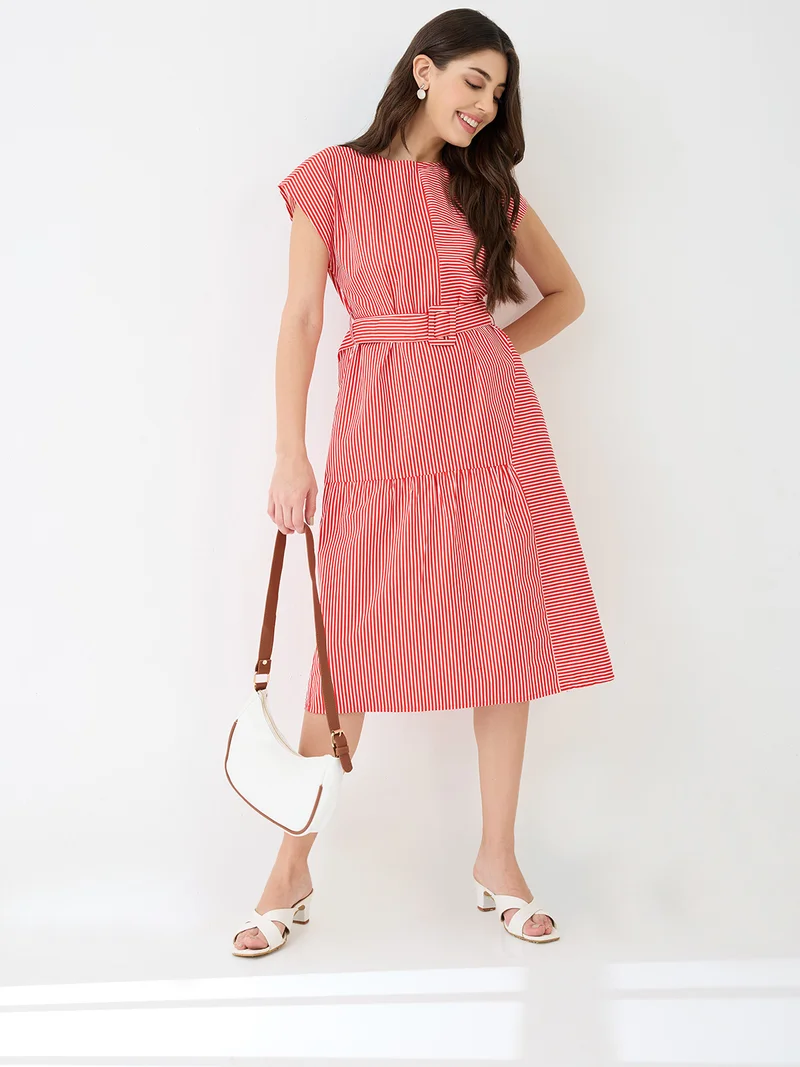 globus Globus Women Red Round Neck Extended Sleeves Striped Gathered A-Line Midi Dress With Belt