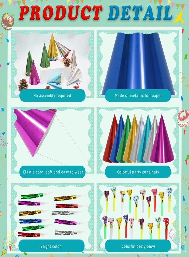 HEYTIMI 122 PCS Metallic Cone Birthday Party Hats Bulk Set with Party Blowers Noise Makers, Colorful Celebration Headwear for Adults, New Year, Christmas, Anniversary, Holiday Events - Image 3