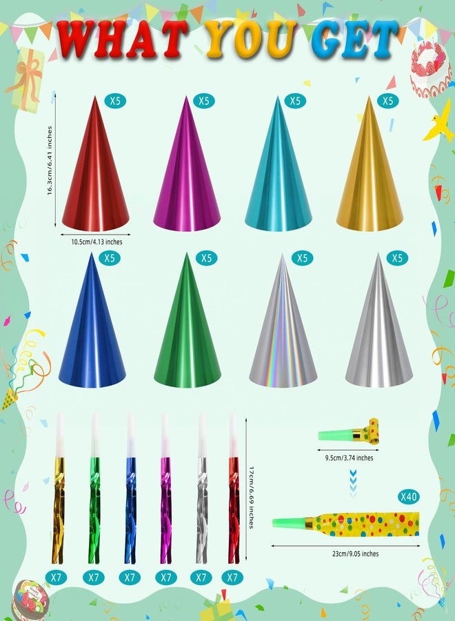 HEYTIMI 122 PCS Metallic Cone Birthday Party Hats Bulk Set with Party Blowers Noise Makers, Colorful Celebration Headwear for Adults, New Year, Christmas, Anniversary, Holiday Events - Image 2