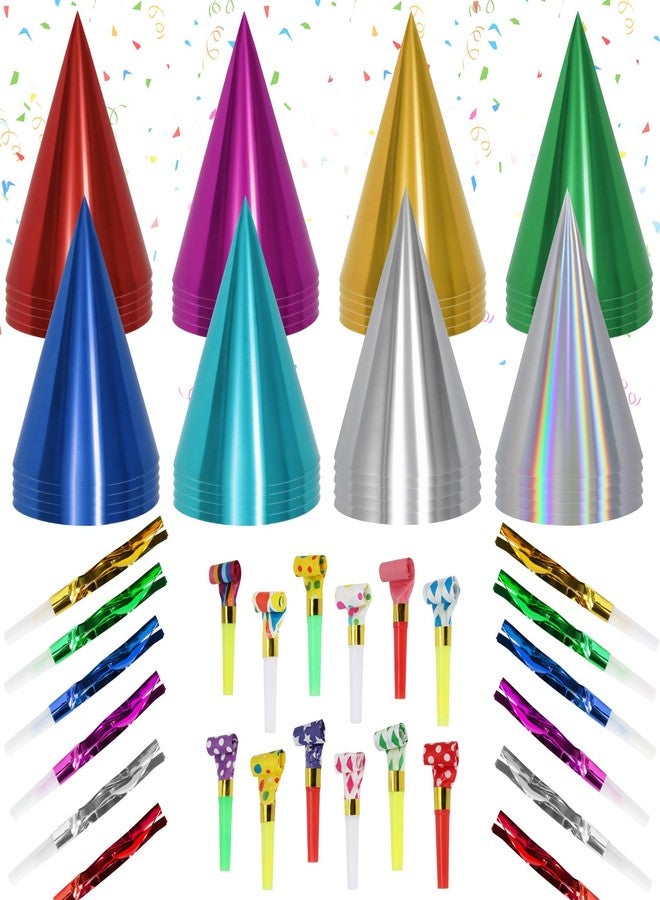 HEYTIMI 122 PCS Metallic Cone Birthday Party Hats Bulk Set with Party Blowers Noise Makers, Colorful Celebration Headwear for Adults, New Year, Christmas, Anniversary, Holiday Events - Image 1