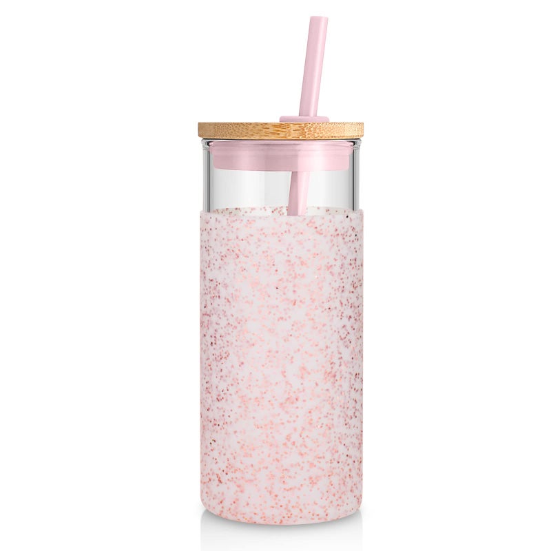 Tronco 20oz Glass Tumbler Glass Water Bottle Straw Silicone Protective Sleeve Bamboo Lid  BPA Free Dot Pink 1 Pack