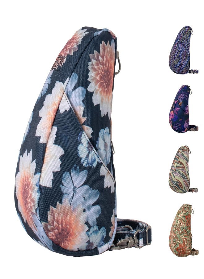 AmeriBag 10" Healthy Back Bag Recycled Poly Print Ergonomic Crossbody Sling Baglett for Everyday Use, Travel & Walking (Dahlias) - Image 1