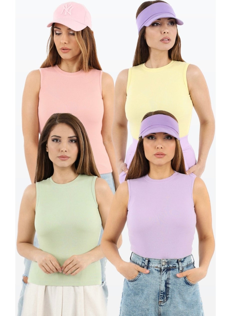 Ritnice - Women's Closed Collar 4-Pack Cotton Lilac, Pink, Yellow, Almond Green Plain Sleeve Ribbed Undershirt - Image 1